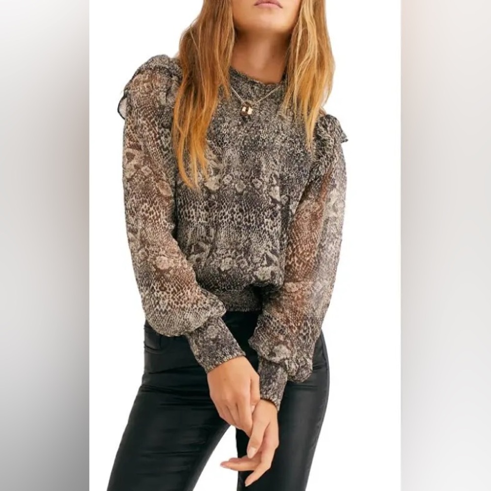 Free People Roma Smocked Sheer Reptile Print Long Sleeve Blouse Size Small Black